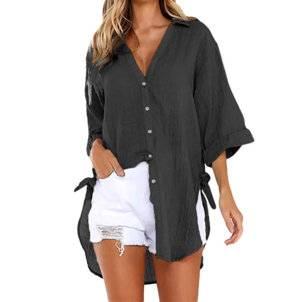 3/4 Sleeve White Linen Cotton Loose Casual Button Blouse Women - Image 3