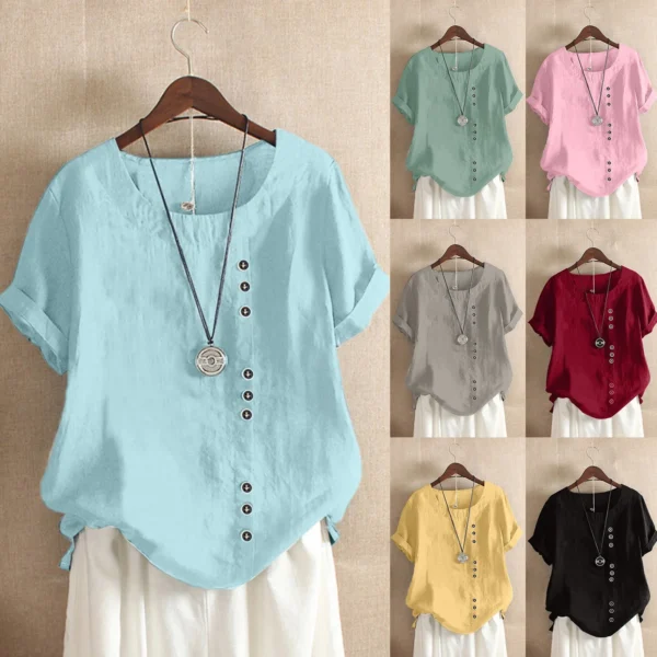 Summer Casual Linen Cotton Blouse Women Plus Size Boho Shirt - Image 2