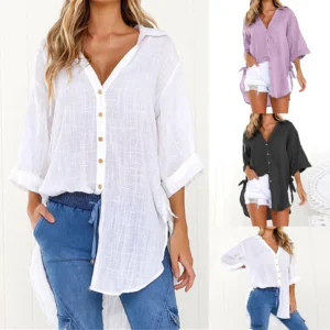 3/4 Sleeve White Linen Cotton Loose Casual Button Blouse Women