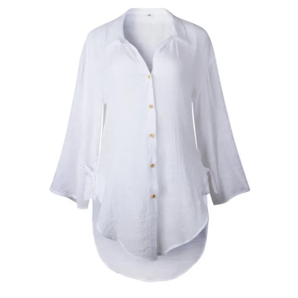 3/4 Sleeve White Linen Cotton Loose Casual Button Blouse Women - Image 6