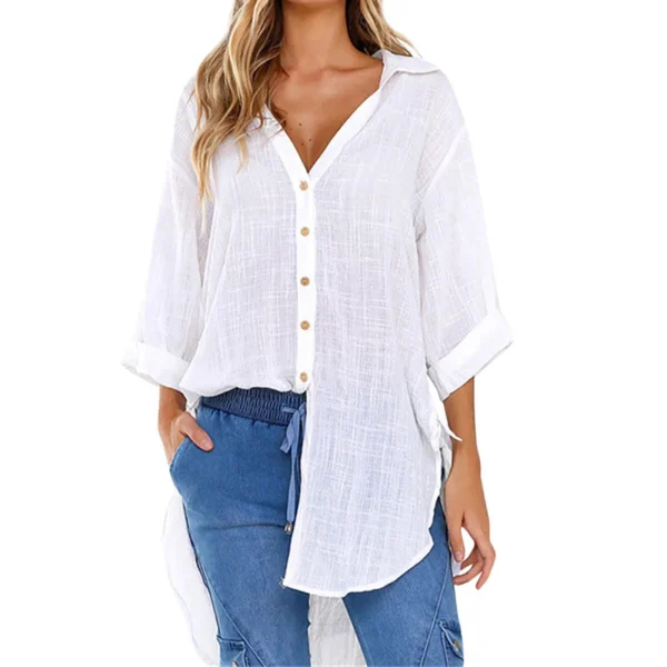 3/4 Sleeve White Linen Cotton Loose Casual Button Blouse Women - Image 4