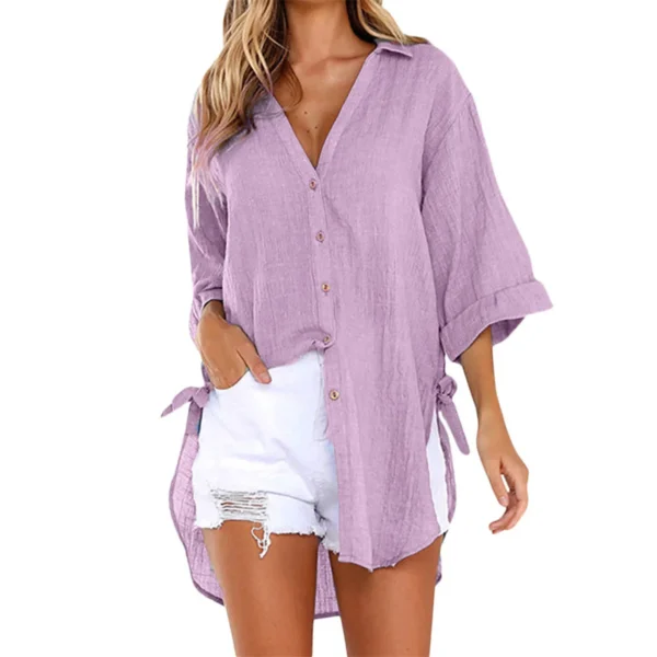 3/4 Sleeve White Linen Cotton Loose Casual Button Blouse Women - Image 2