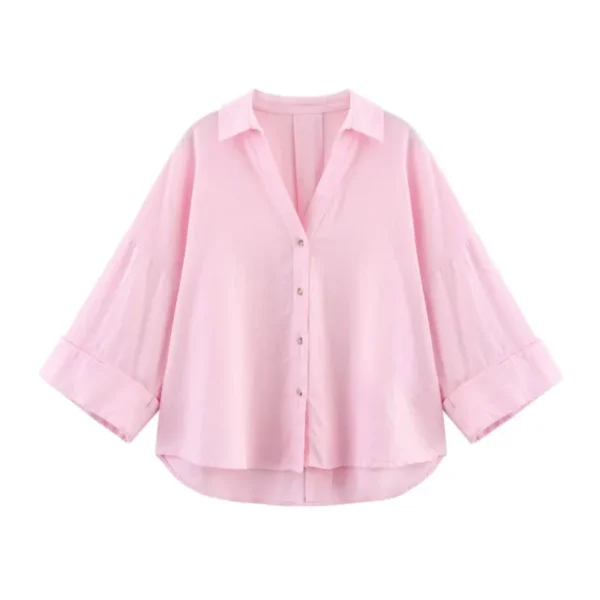 Women's Linen Shirt Asymmetric Hem Wide Sleeve Spring Blouse - Image 2