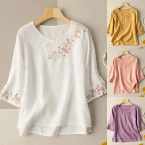 Women's Cotton Linen Floral Embroidery Loose Summer Tunic Blouse