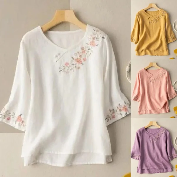 Women's Cotton Linen Floral Embroidery Loose Summer Tunic Blouse
