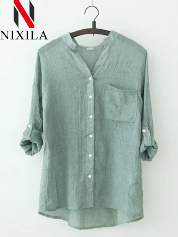Women's Cotton Linen Long Sleeve Oversized Casual Tunic Shirt Top - Image 6