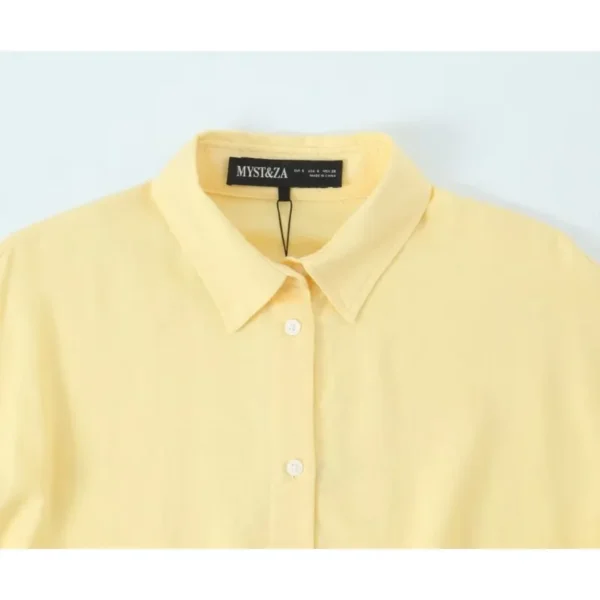 Women's Oversize Linen Blend Shirt With Belt Casual Long Sleeve Blouse - Image 3