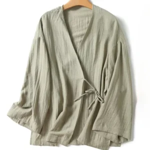 Plus Size Cotton Linen Women’s Loose Long Sleeve Spring Button Tunic Blouse