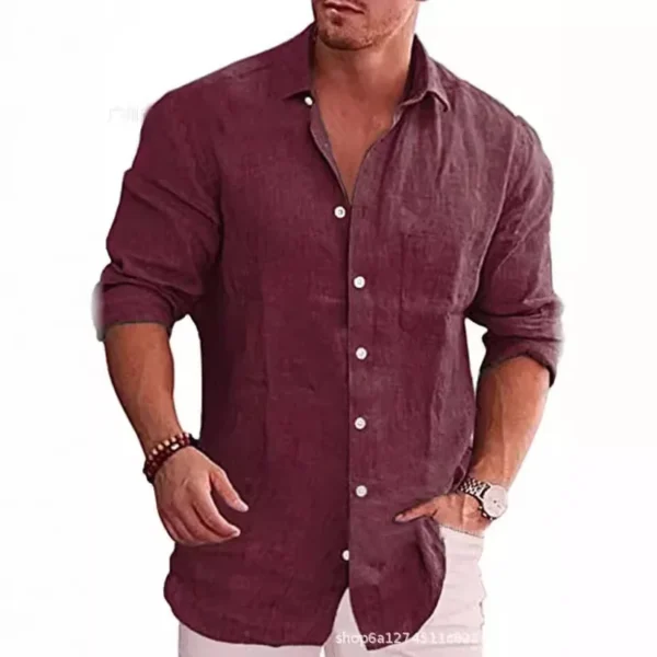 Men's Cotton Linen Long Sleeve Shirt Casual Solid Plus Size Fashion Wear - Image 4