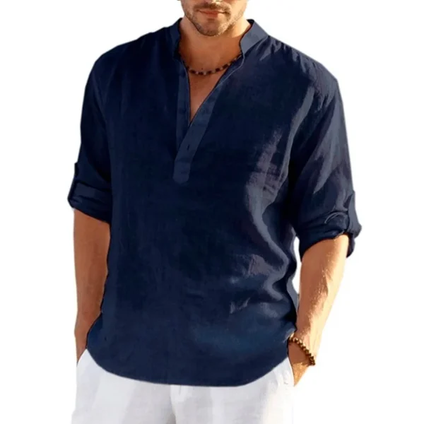 Men's Cotton Linen Long Sleeve Loose Fit Casual Solid Beach Shirt - Image 6
