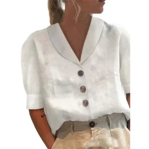 Women’s Cotton Linen Solid Color Lapel Cardigan Casual Blouse Top