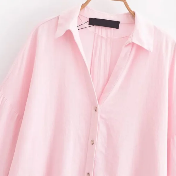 Women Wide Sleeve Linen V-Neck Lapel Loose Comfortable Chic Blouse - Image 2