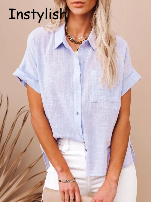 Women’s Summer Linen Oversized Vintage Loose Short Sleeve Blouse