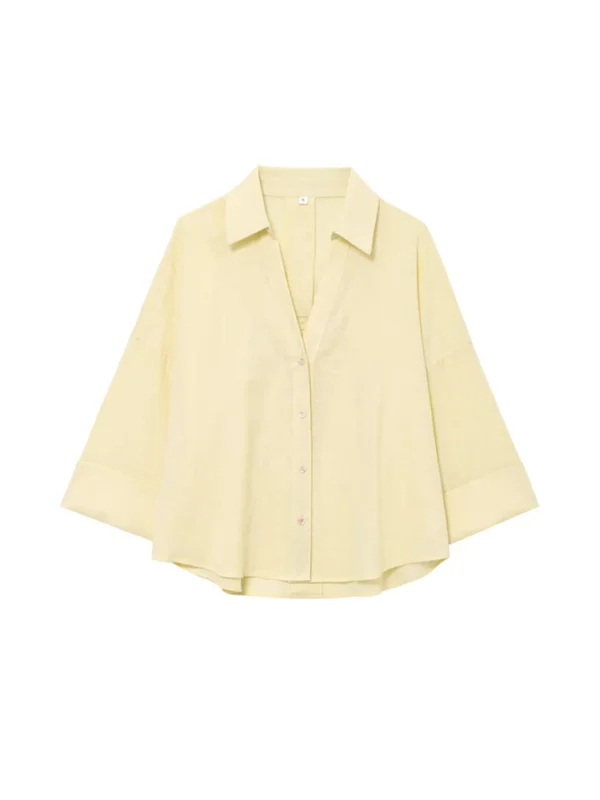 Women's Linen Loose Shirt With Lapel Collar Three-Quarter Sleeves Blouse - Image 2
