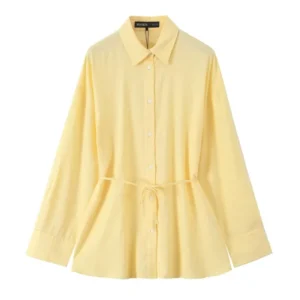 Women's Oversize Linen Blend Shirt With Belt Casual Long Sleeve Blouse