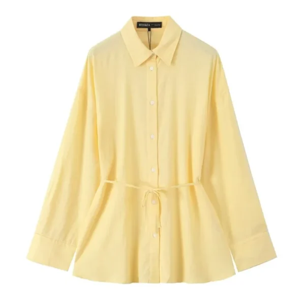 Women's Oversize Linen Blend Shirt With Belt Casual Long Sleeve Blouse