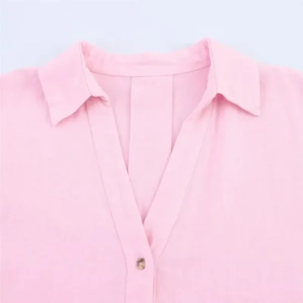 Women’s Linen Shirt Wide Sleeve Asymmetric Hem V-Neck Blouse - Image 4