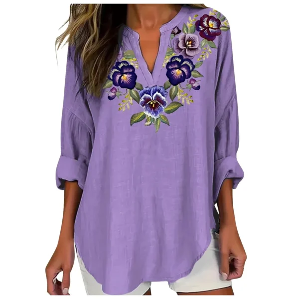 Women’s Linen V-Neck Embroidered Button-Down Oversized Summer Blouse - Image 2