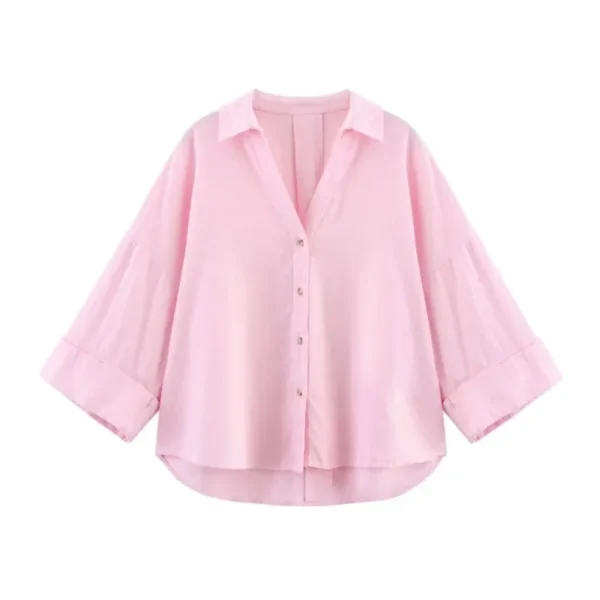 Women’s Linen Shirt Wide Sleeve Asymmetric Hem V-Neck Blouse - Image 2