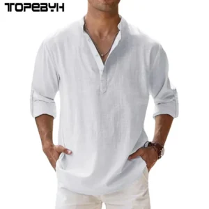 New Cotton Linen Henley Long Sleeve Lightweight Beach Men’s Shirt