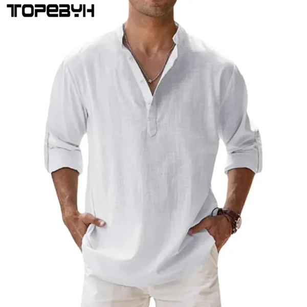 New Cotton Linen Henley Long Sleeve Lightweight Beach Men’s Shirt