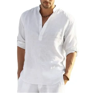 Men’s Summer Cotton Linen Long Sleeve Breathable Beach Shirt