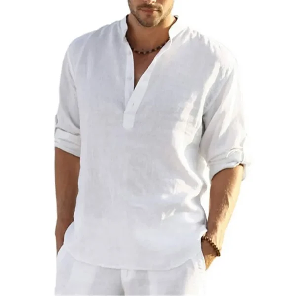 Men’s Summer Cotton Linen Long Sleeve Breathable Beach Shirt