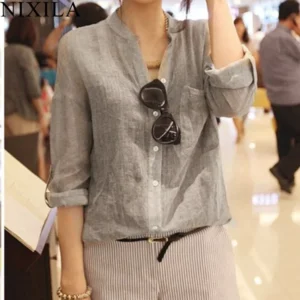 Women's Cotton Linen Long Sleeve Oversized Casual Tunic Shirt Top