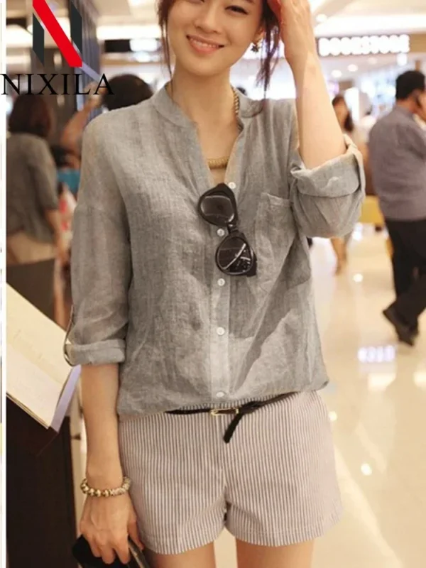 Women's Cotton Linen Long Sleeve Oversized Casual Tunic Shirt Top