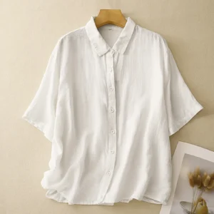 Loose White Cotton Linen Women’s Shirt Summer Office Daily Wear