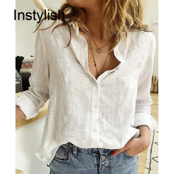 Women’s Cotton Linen Loose Long Sleeve Vintage Lapel Tunic Blouse - Image 5