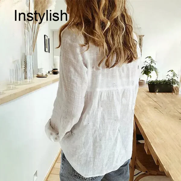 Women’s Cotton Linen Loose Long Sleeve Vintage Lapel Tunic Blouse - Image 6