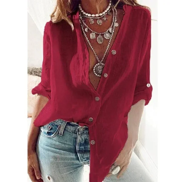 Summer Women’s Cotton Linen Shirt Casual Loose V-Neck Long Sleeve - Image 4