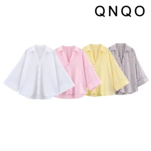 Women’s Linen Shirt Wide Sleeve Asymmetric Hem V-Neck Blouse