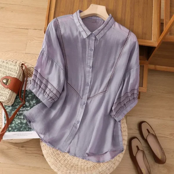 Retro Solid Color Embroidered Loose Mid-Sleeve Cotton Linen Top - Image 2