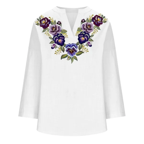 Women’s Linen V-Neck Embroidered Button-Down Oversized Summer Blouse - Image 6