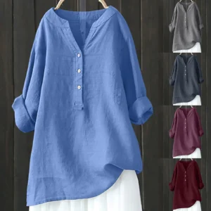Plus Size Cotton Linen Women’s Loose Long Sleeve Spring Button Blouse