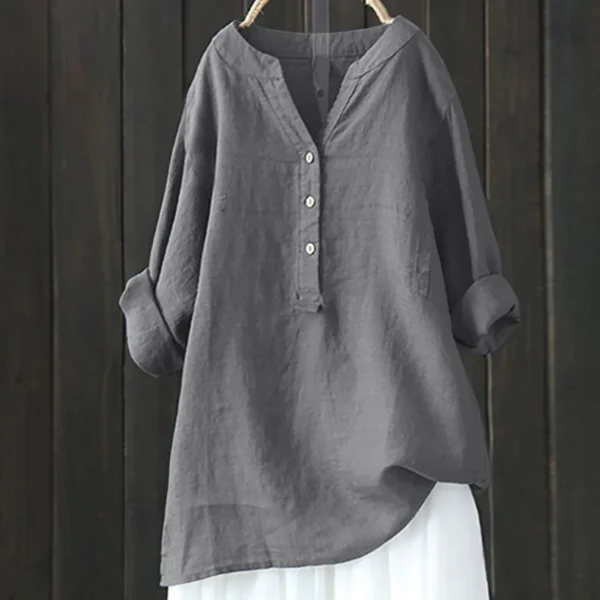Plus Size Cotton Linen Women’s Loose Long Sleeve Spring Button Blouse - Image 2
