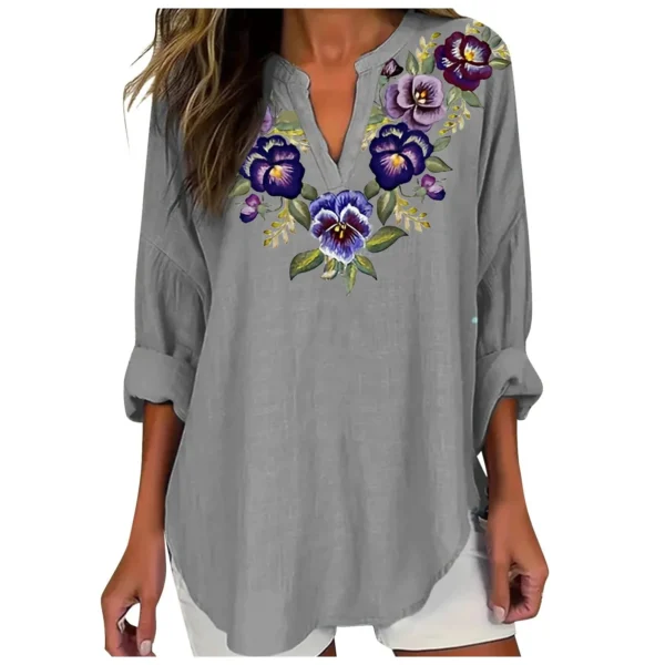 Women’s Linen V-Neck Embroidered Button-Down Oversized Summer Blouse - Image 4