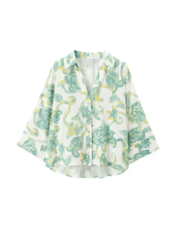 Women's Linen Loose Shirt With Lapel Collar Three-Quarter Sleeves Blouse - Image 5