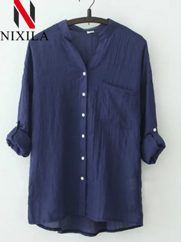 Women's Cotton Linen Long Sleeve Oversized Casual Tunic Shirt Top - Image 5