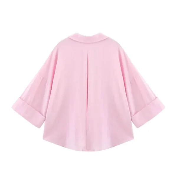 Women’s Linen Shirt Wide Sleeve Asymmetric Hem V-Neck Blouse - Image 3