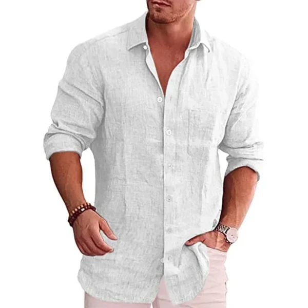 Men's Cotton Linen Long Sleeve Shirt Casual Solid Plus Size Fashion Wear - Image 3