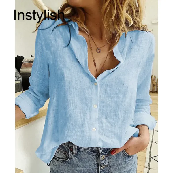 Women’s Cotton Linen Loose Long Sleeve Vintage Lapel Tunic Blouse - Image 3