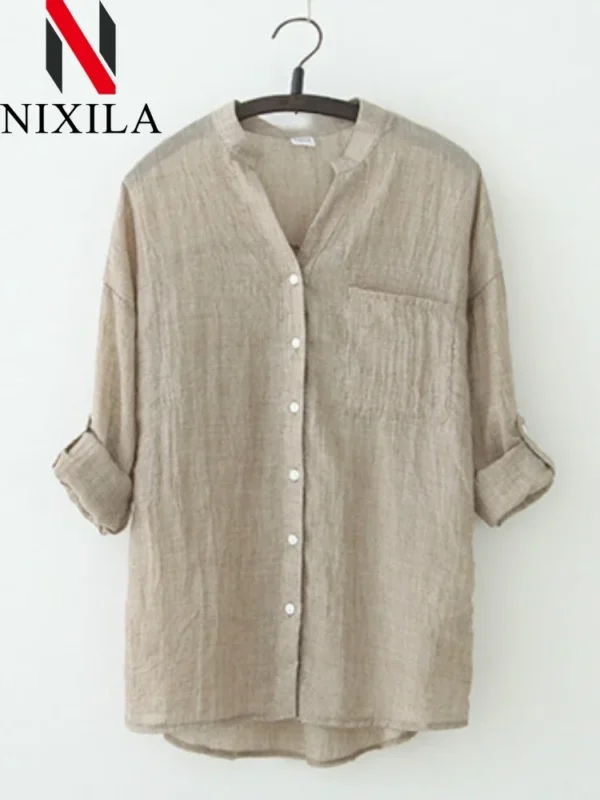 Women's Cotton Linen Long Sleeve Oversized Casual Tunic Shirt Top - Image 4