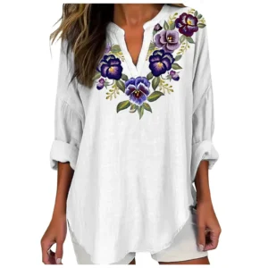 Women’s Linen V-Neck Embroidered Button-Down Oversized Summer Blouse
