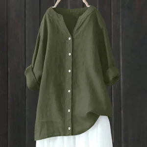 Women’s Retro Cotton Linen Blouse V-Neck Long Sleeve Casual