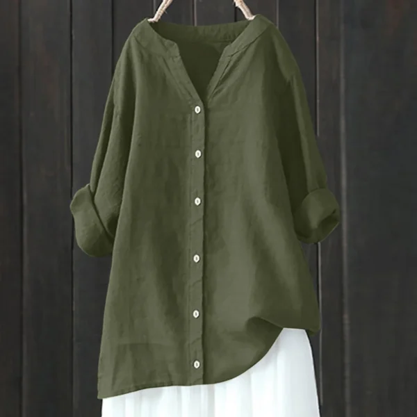Women’s Retro Cotton Linen Blouse V-Neck Long Sleeve Casual