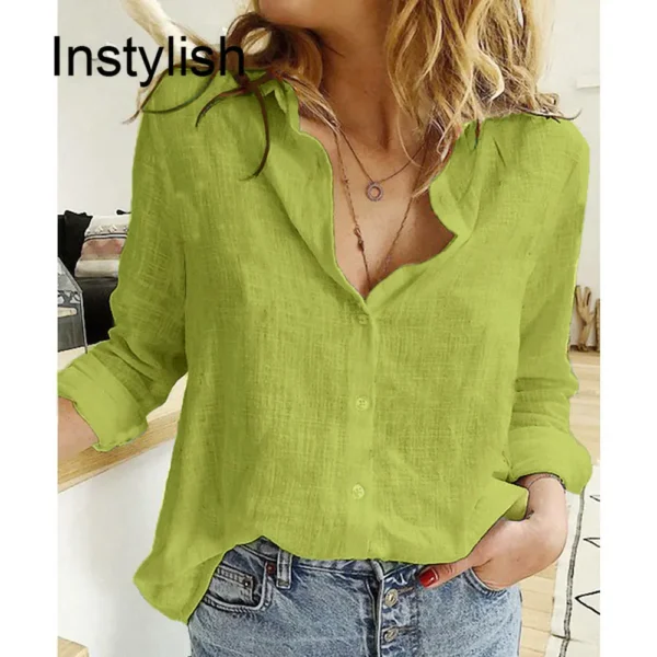 Women’s Cotton Linen Loose Long Sleeve Vintage Lapel Tunic Blouse - Image 2