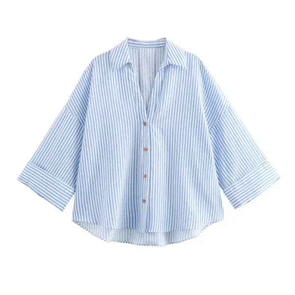 Women's Summer Hooded Linen Striped Asymmetric Casual Wide Sleeve Shirt